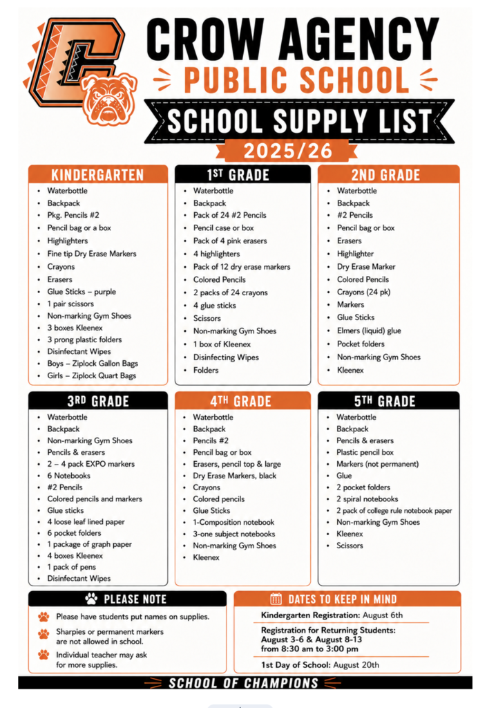 Crow Agency Public School Supply List 2026-27