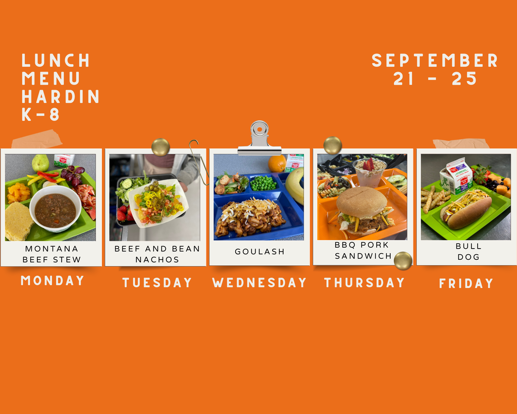 Lunch menu for the week of Sept. 21 - 25. Monday Beef Stew, Tuesday Nachos, Wednesday Goulash, Thursday BBQ Pork, Friday Bull Dog