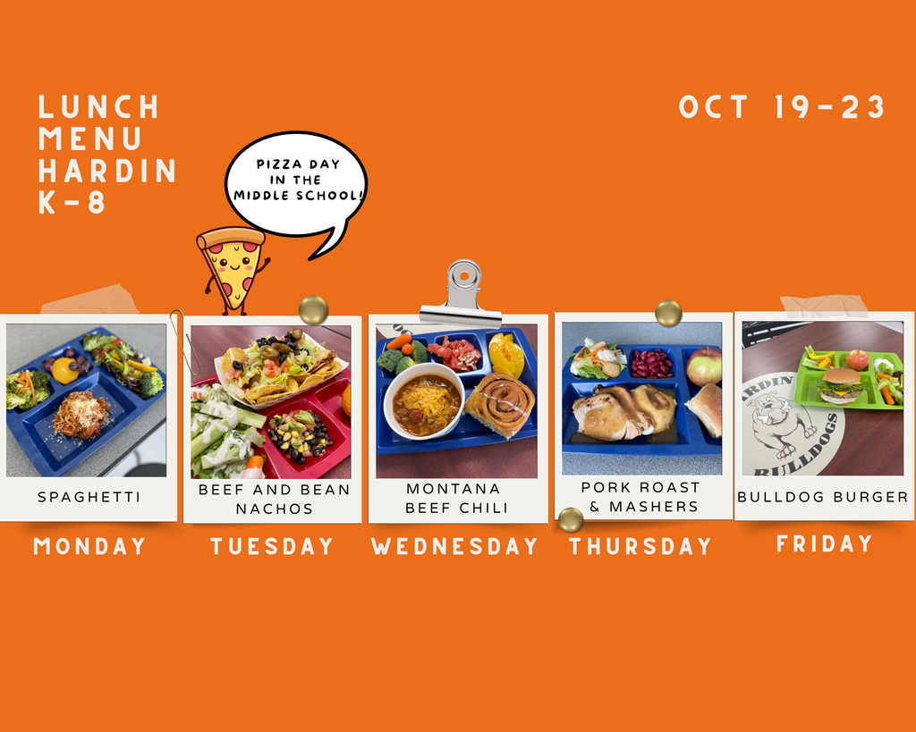 Lunch Menu for the week of October 19th. Monday Spaghetti, Tuesday Nachos and Pizza Day at Middle School, Wednesday Beef Chili and Cinnamon Rolls, Thursday Pork Roast, Mashed Potatoes and Gravy, Friday Bulldog Burger