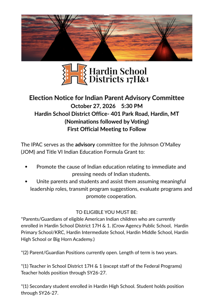 Election Notice for Indian Parent Advisory Committee October 27, 2026 5:30 PM
