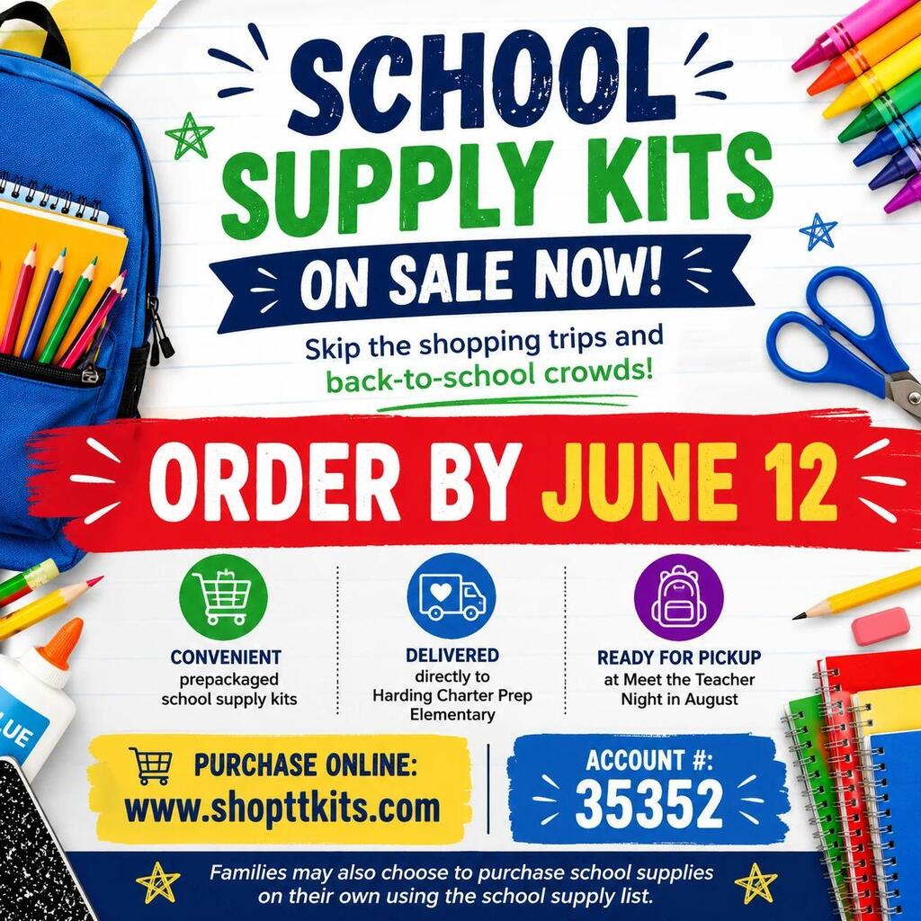 A colorful flyer for school supply kits on sale. Text reads: "Order by June 12." Includes icons for a backpack, scissors, and shopping cart.