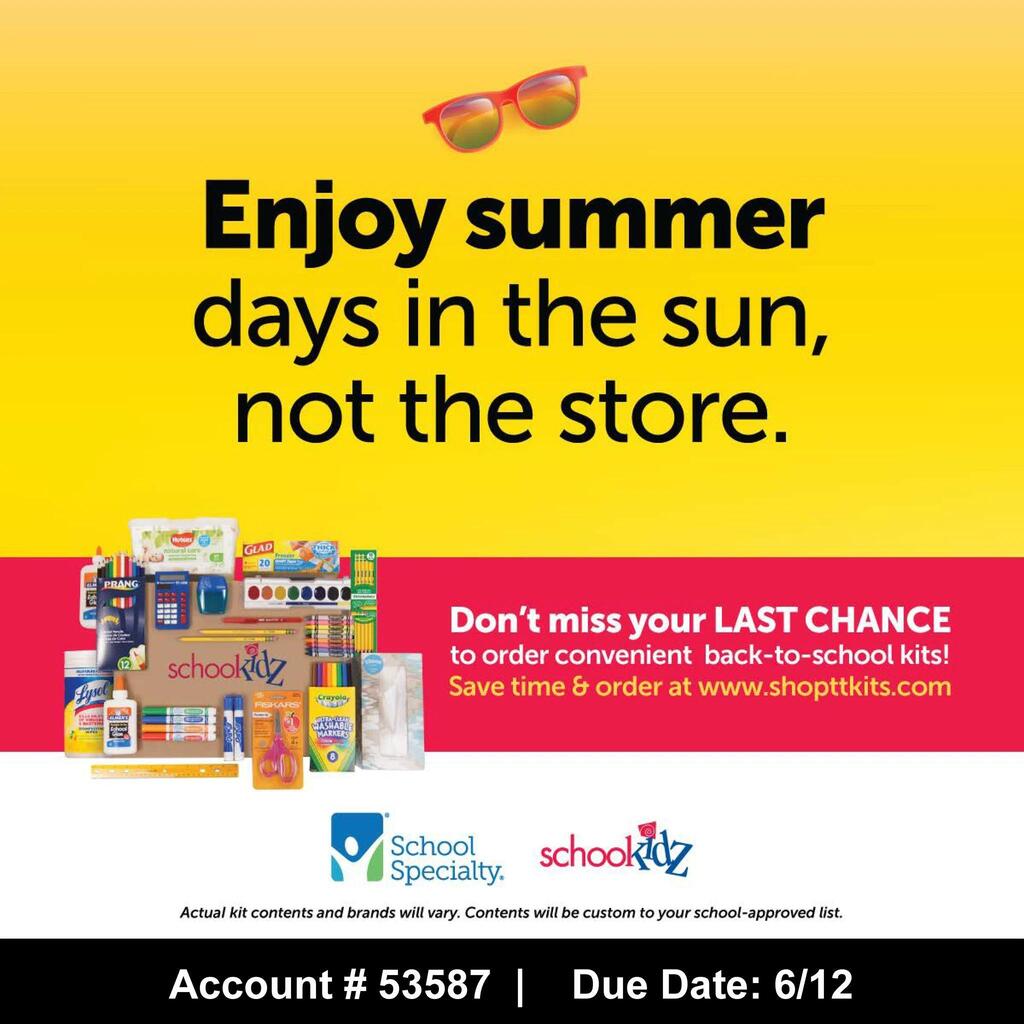 Yellow and red background. Sunglasses on top. Text reads "Enjoy summer days in the sun, not the store." A collection of school supplies.