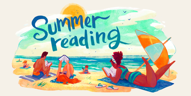 A beach scene with people reading books. A woman in a green swimsuit is lying on a towel.