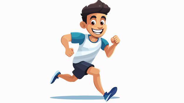 Animated boy in blue and white sportswear runs joyfully on a white background.