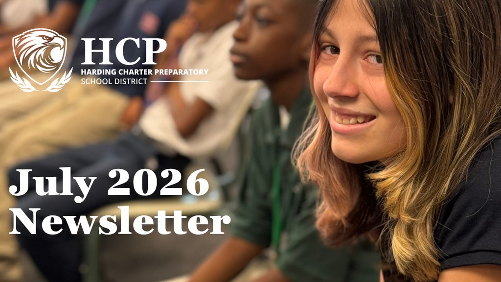 HCP Student Smiling with overlay of HCP School District July 2026 Newsletter lettering