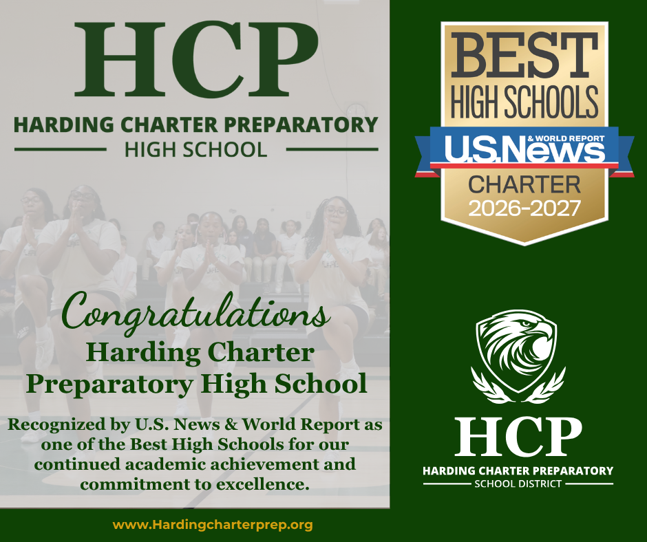 Banner with green and white stripes celebrating Harding Charter Preparatory High School's recognition as one of the best high schools.
