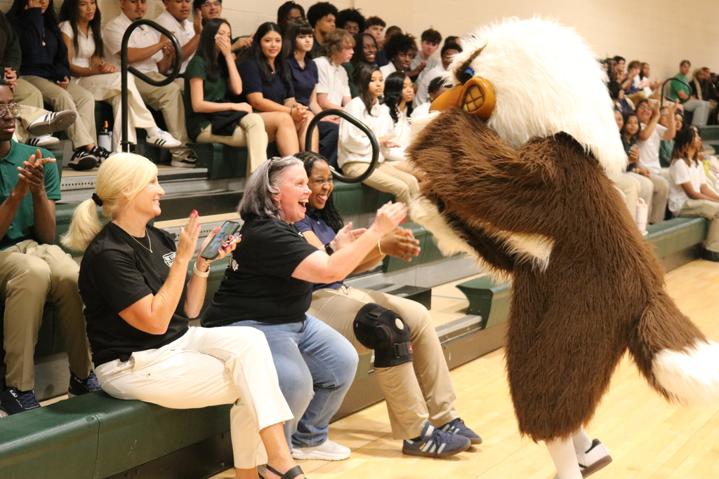 Spectators watch a mascot interact with a woman and another person on a bleacher.