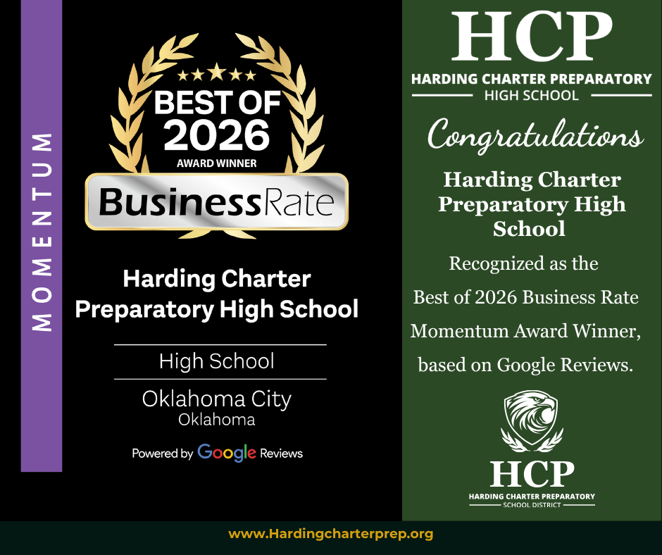 Black and green background with "Best of 2026" and "Congratulations" banners. Text reads "Harding Charter Preparatory High School" and "Momentum" award for Business Rate.