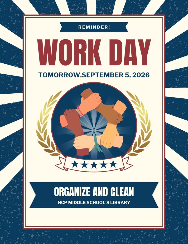 Poster with blue background. Text reads "WORK DAY" and "TOMORROW, SEPTEMBER 5, 2026". Image of hands holding together with stars and leaves.