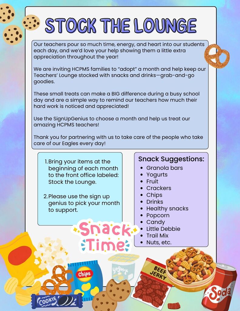 An information sheet titled "Stock the Lounge" with colorful snack illustrations, a pretzel, chips, popcorn, candy, granola bars, and cookies.