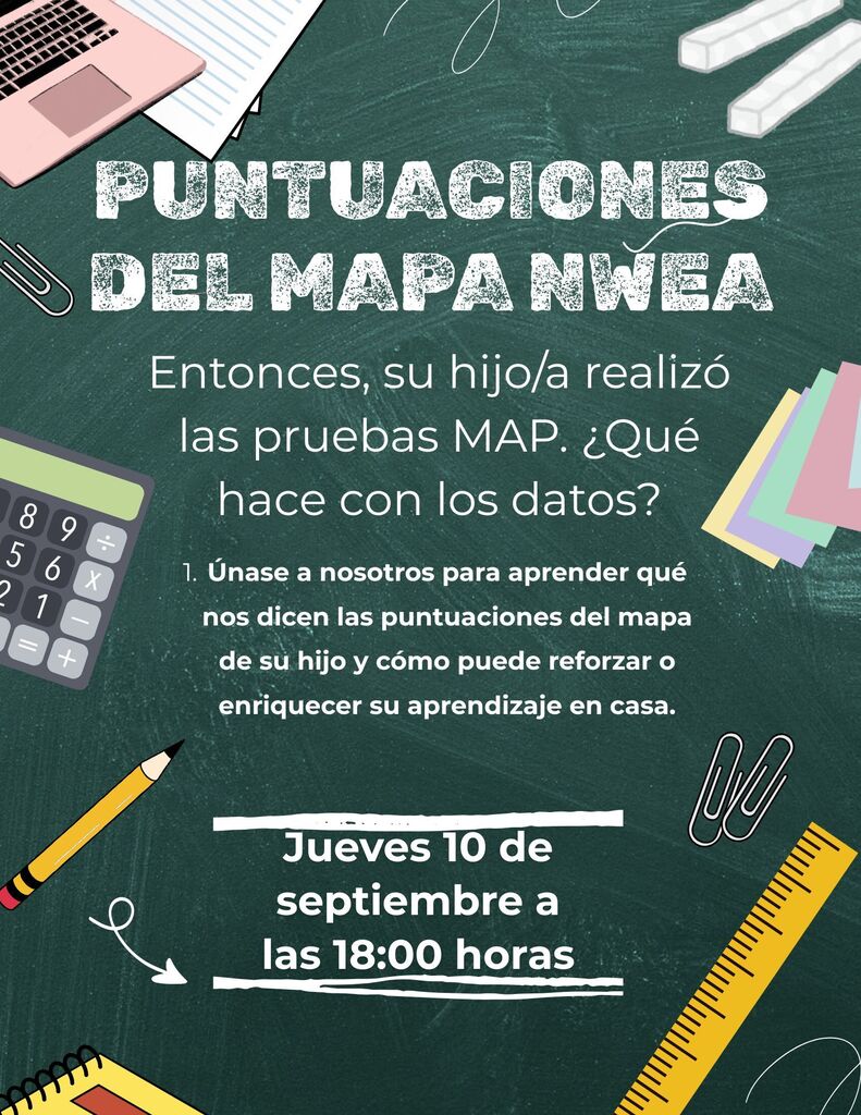 Green chalkboard displays educational material. Spanish text reads "Puntuaciones Del Mapa NWEA." Various school supplies on board, including a calculator, ruler, and pencil.