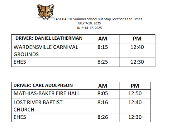 Summer School Bus Stop Locations and Times 