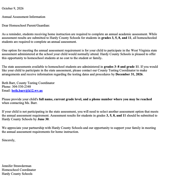 homeschool notice for state assessment sign up by December 30, 2026