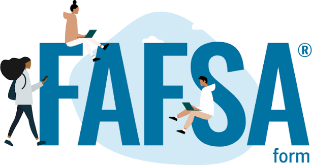FAFSA Graphic. Blue words saying FAFSA form with two students sitting on the words