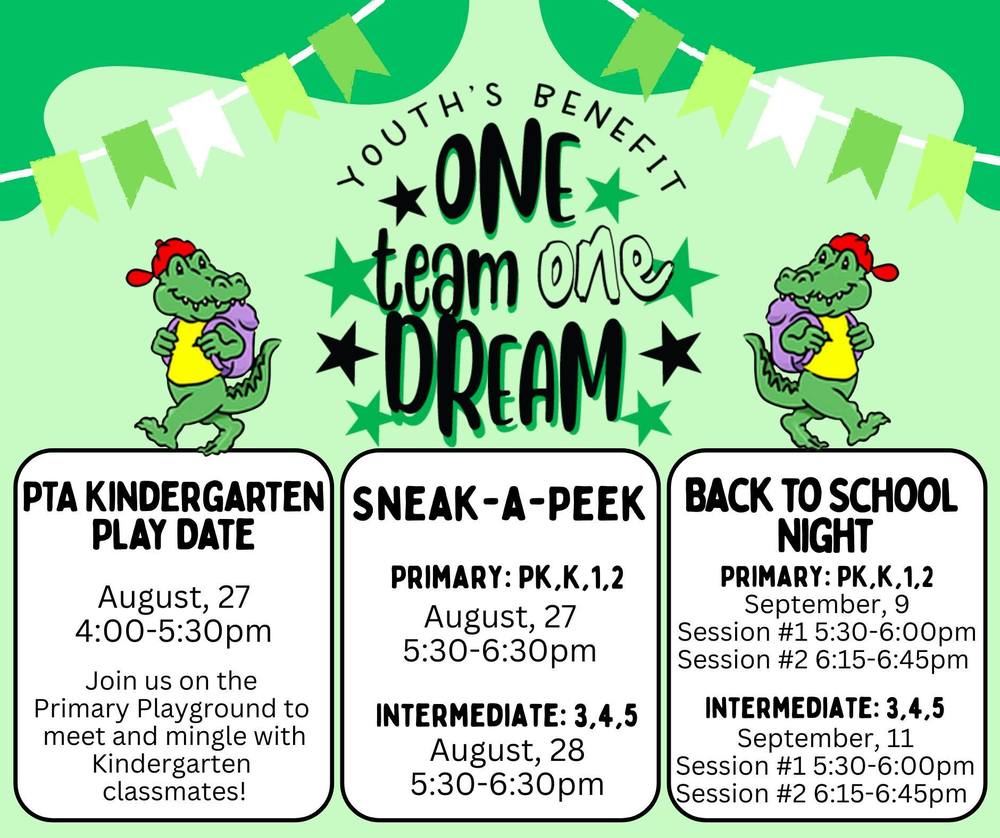Youth’s Benefit Elementary School back-to-school events flyer with the theme 'One Team, One Dream.' The flyer features two cartoon alligators wearing backpacks, event details for PTA Kindergarten Play Date on August 27, Sneak-a-Peek for PK–2 on August 27 and Grades 3–5 on August 28, and Back to School Night for PK–2 on September 9 and Grades 3–5 on September 11. All events have specific times listed. The background includes green banners and stars