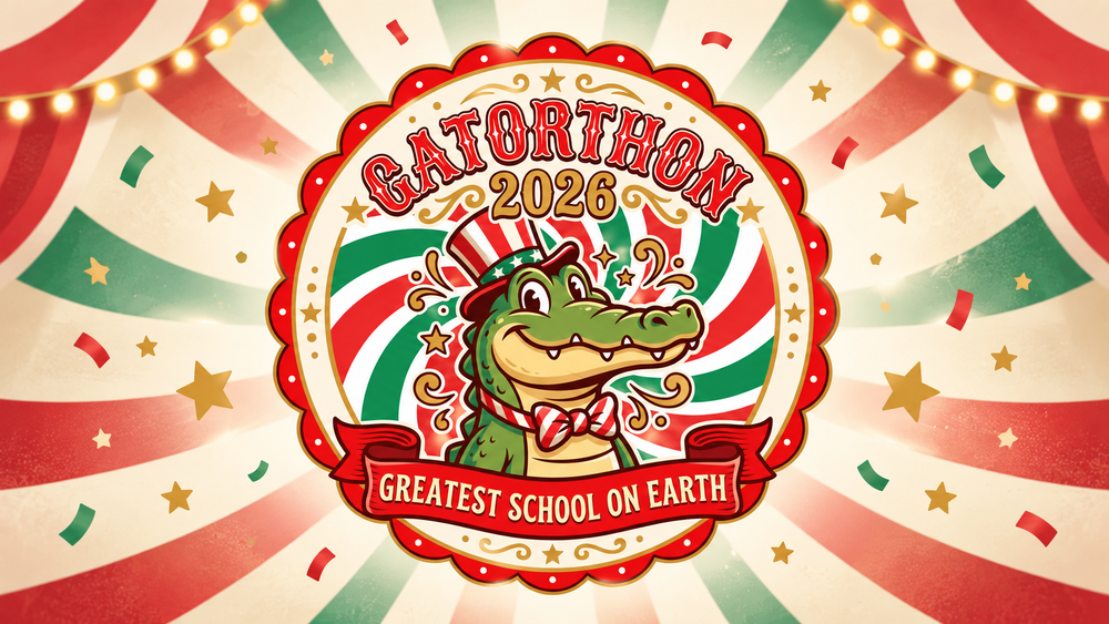Gatorthon 2026 carnival-themed graphic featuring a smiling alligator mascot in a red-and-white top hat and bow tie, surrounded by red, green, gold, and cream carnival stripes, stars, lights, and confetti. The emblem reads “Gatorthon 2026” and “Greatest School on Earth.