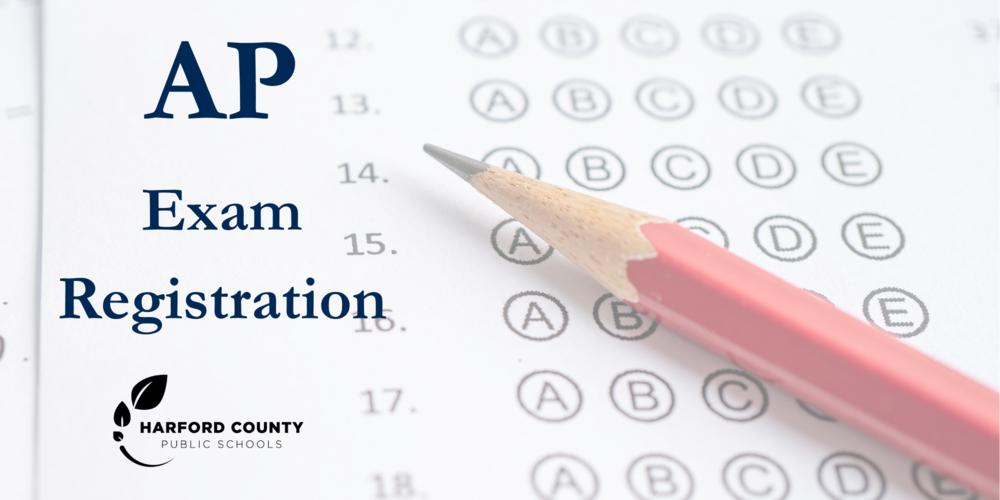 Sharpened pencil over bubble sheet graphic says AP Exam Registration