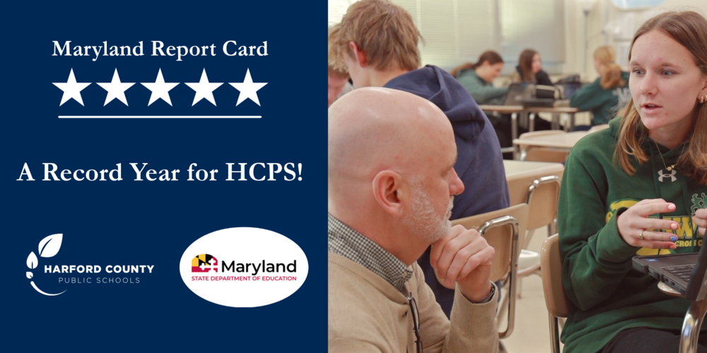 Banner graphic reading “Maryland Report Card” above five white stars and the words “A Record Year for HCPS!” on a navy background, with the Harford County Public Schools and Maryland State Department of Education logos below. On the right, a high school student in a green hoodie talks with a teacher while working on a laptop in a classroom.