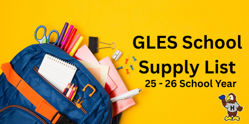 school supplies spilling out of a backpack with wording - GLES School Supply List 25 - 26 School Year