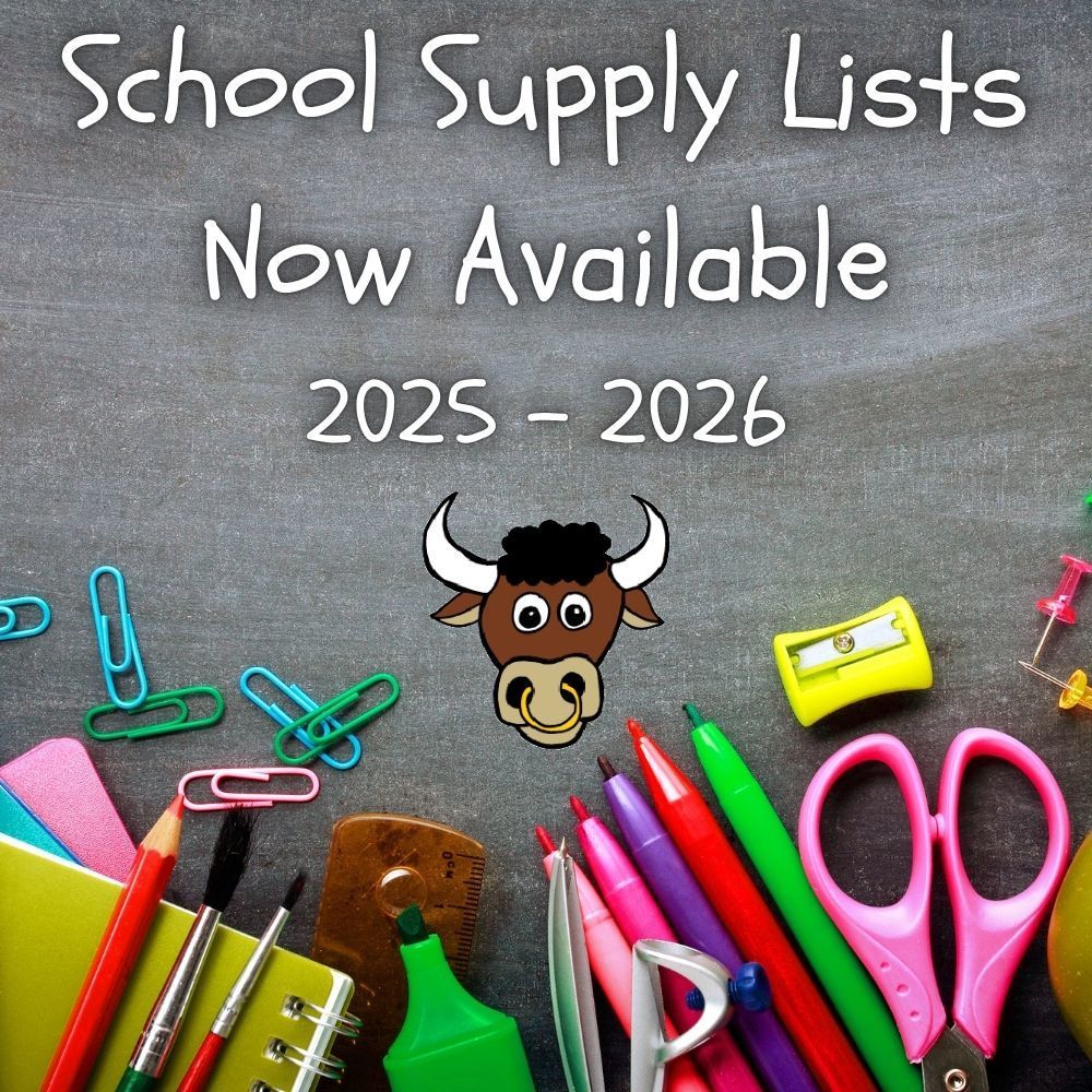 Graphic of school supplies on a blackboard. Has the Churchville Elementary School bull logo on it and says "School Supply Lists Now Available 2025-2026"