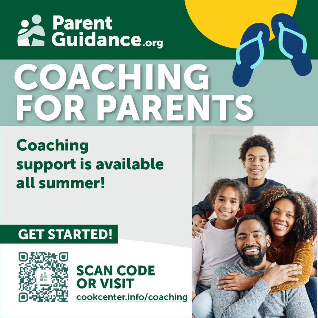 Promotional graphic for ParentGuidance.org featuring the message "Coaching for Parents – Coaching support is available all summer!" It includes an image of a smiling family, flip-flop graphics, a QR code, and a call to action: "Get started! Scan code or visit cookcenter.info/coaching."