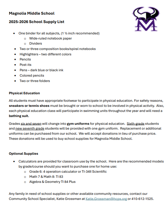 MAMS 2025-2026 School Supply List