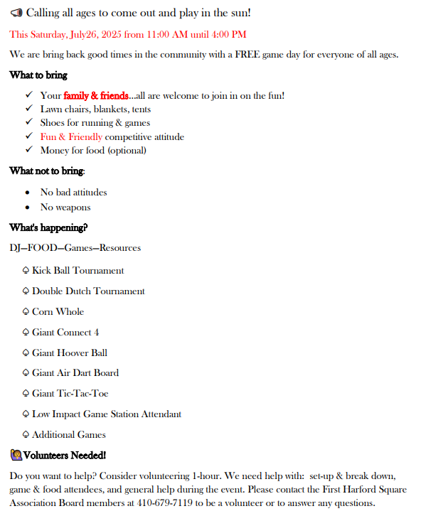 First Harford Square Field Day 7/6  what to bring list
