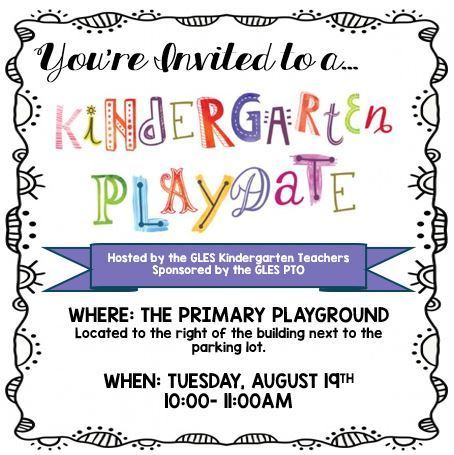 You are invited to a Kindergarten Playdate - Primary Playground on Tuesday, August 19th - 10 AM to 11 AM.