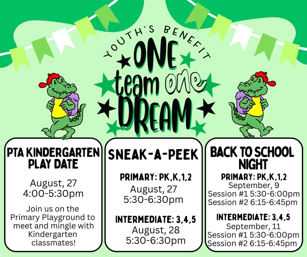 Youth’s Benefit Elementary School back-to-school events flyer with the theme 'One Team, One Dream.' The flyer features two cartoon alligators wearing backpacks, event details for PTA Kindergarten Play Date on August 27, Sneak-a-Peek for PK–2 on August 27 and Grades 3–5 on August 28, and Back to School Night for PK–2 on September 9 and Grades 3–5 on September 11. All events have specific times listed. The background includes green banners and stars.
