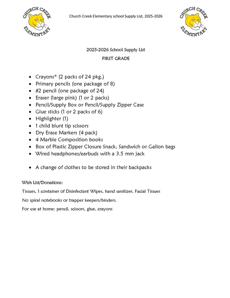 1st Grade Supply List