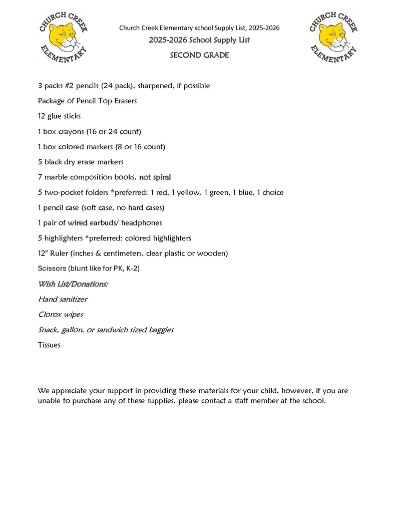 2nd Grade Supply List