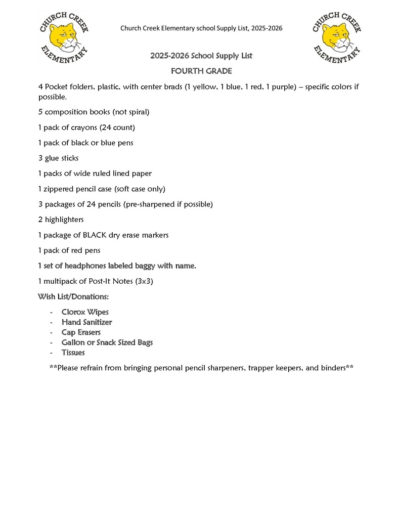 4th Grade Supply  List