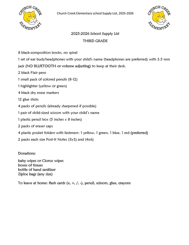 3rd Grade Supply List