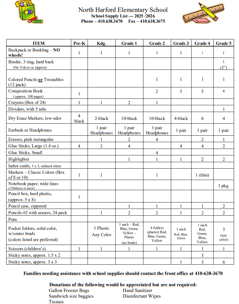 A screenshot of the student supply list for the 25-26 school year. Find a pdf version in documents.