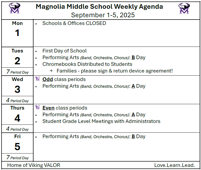 MAMS Weekly Agenda, Sept 1-5, 2025