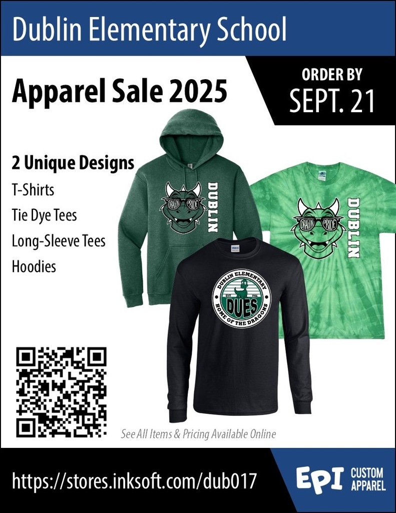 Dublin PTA Spirit wear sale. Order by Sept. 21, 2025
