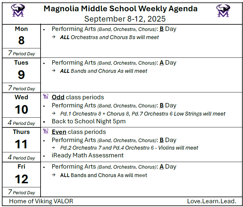 Sept 8 -12 at Magnolia Middle School