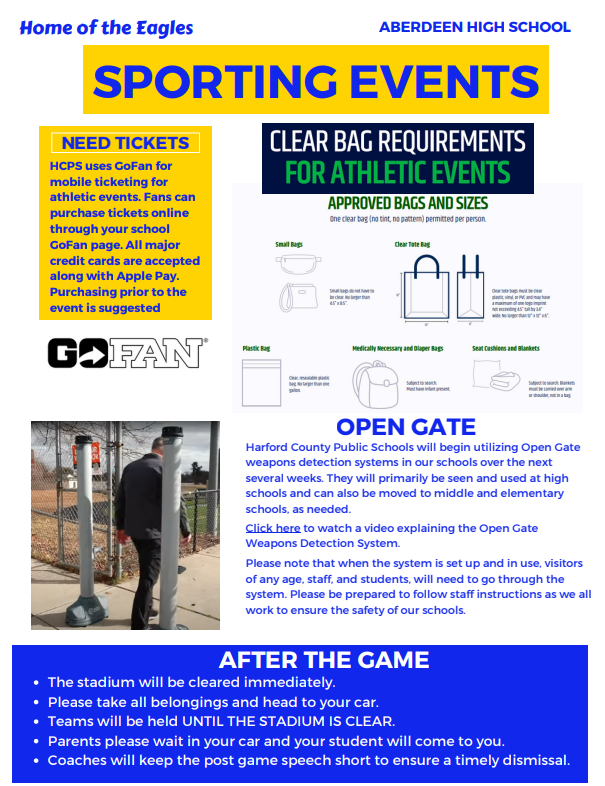 Informational Flyer about AHS Sporting Events , ticketing, Open Gate and the clear bag policy