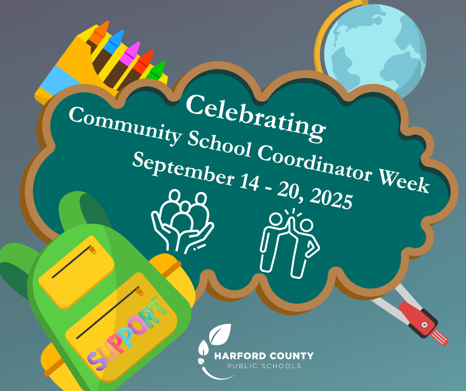 Chalkboard with school supplies around it and writing that says "Celebrating Community School Coordinator Week, September 14-20, 2025