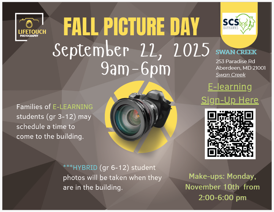 Use the QR code to sign up for pictures 9/22. Make up day 11/10