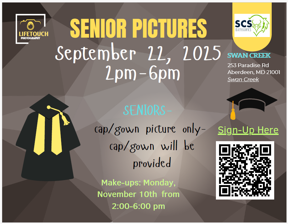 Senior picture appointments. Use the QR code. Make ups 11/10