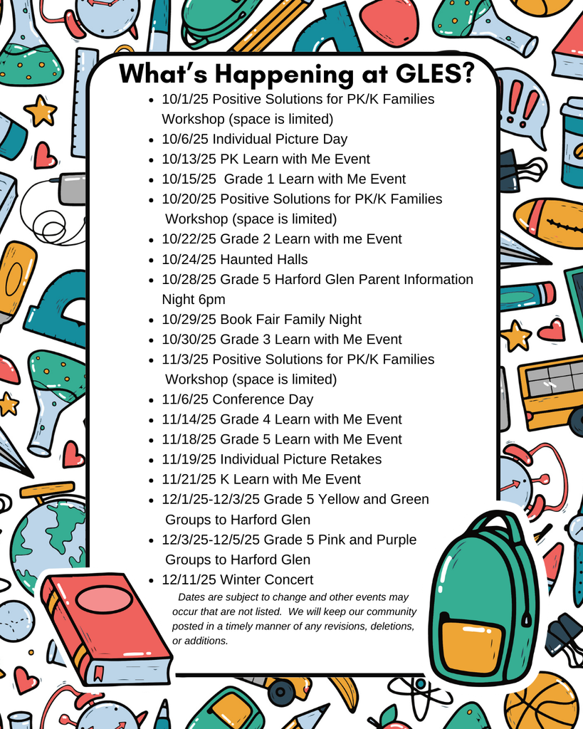 Image contains a list of upcoming event dates at GLES