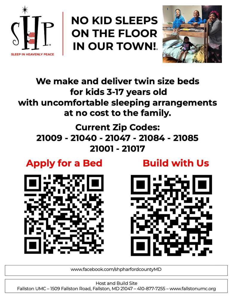 Sleep in Heavenly Peace makes and delivers twin size beds for children ages 3 - 17 years old at no cost and is now available in the 21001 zip code.