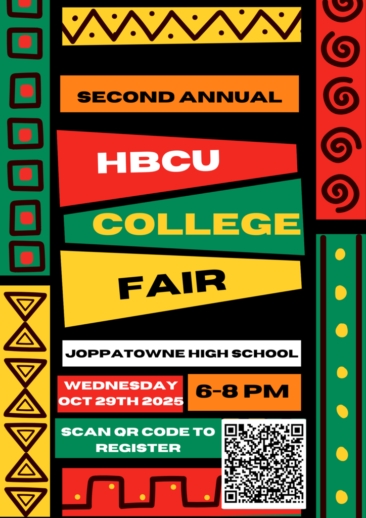 Colorful event flyer with African-inspired geometric patterns in red, green, yellow, and black. Text reads "Second Annual HBCU College Fair" at Joppatowne High School, Wednesday October 29th 2025, 6-8 PM. Includes QR code for registration.