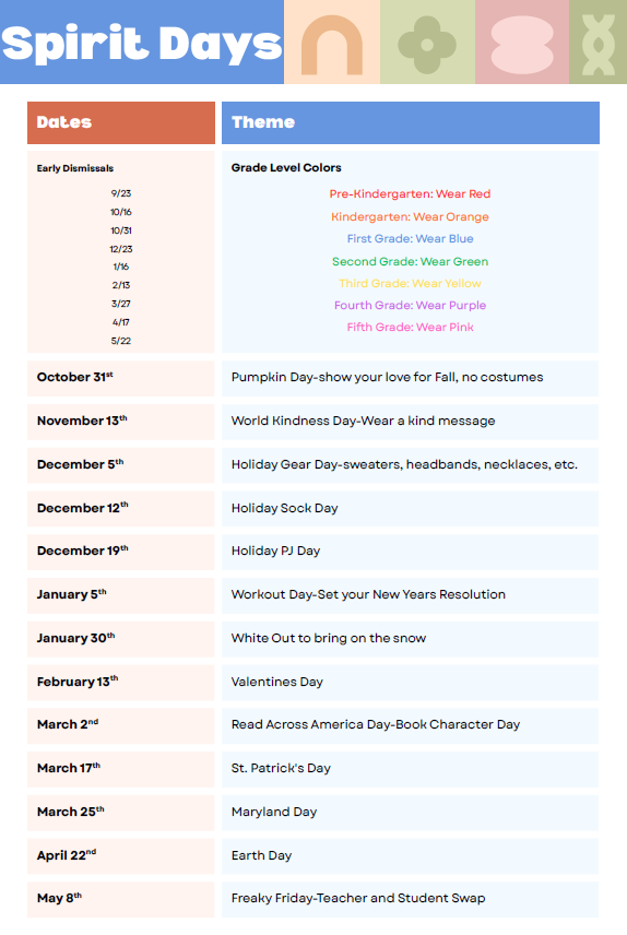A list of Spirit Days held throughout the school year