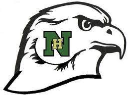 A stylized black and white drawing of a hawk's head facing to the right. The hawk has a fierce expression with a prominent eye and beak. Superimposed on the side of the hawk's head is a green letter 'N' with a smaller yellow letter 'H' inside it.