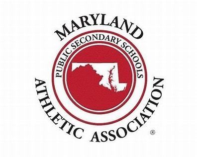 "Maryland Public Secondary Schools Athletic Association logo with state outline in red circle."