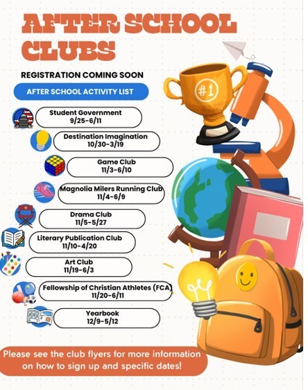 After school clubs for the 2025-2026 school year