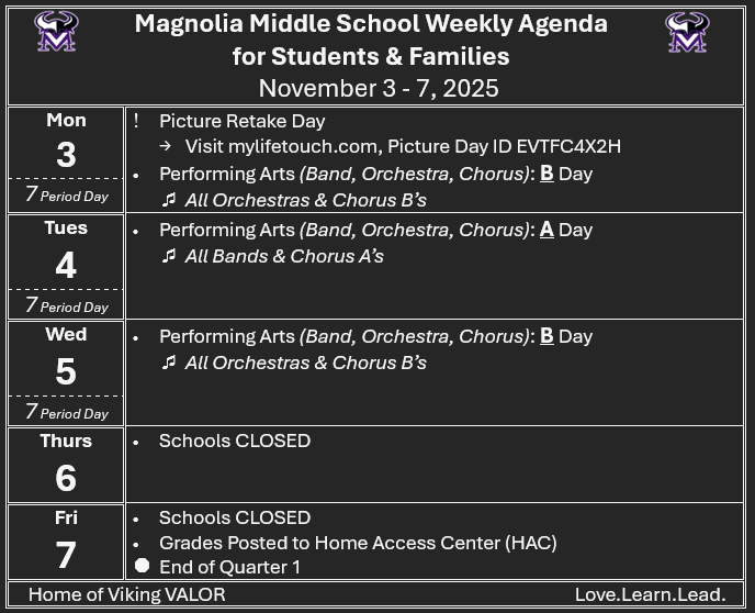 11/3 Picture retakes; 11/66 and 11/7 Schools Closed for Students