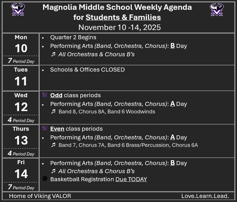 MAMS Weekly Overview: Performing Arts Days: B, A, A, B, Schools & Offices Closed Tuesday, Basketball Registration Due Friday